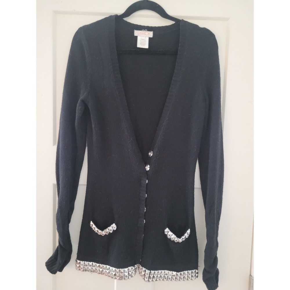 LaRok Black Cotton/Cashmere Cardigan Sweater w/ Silver Stud Trim size small